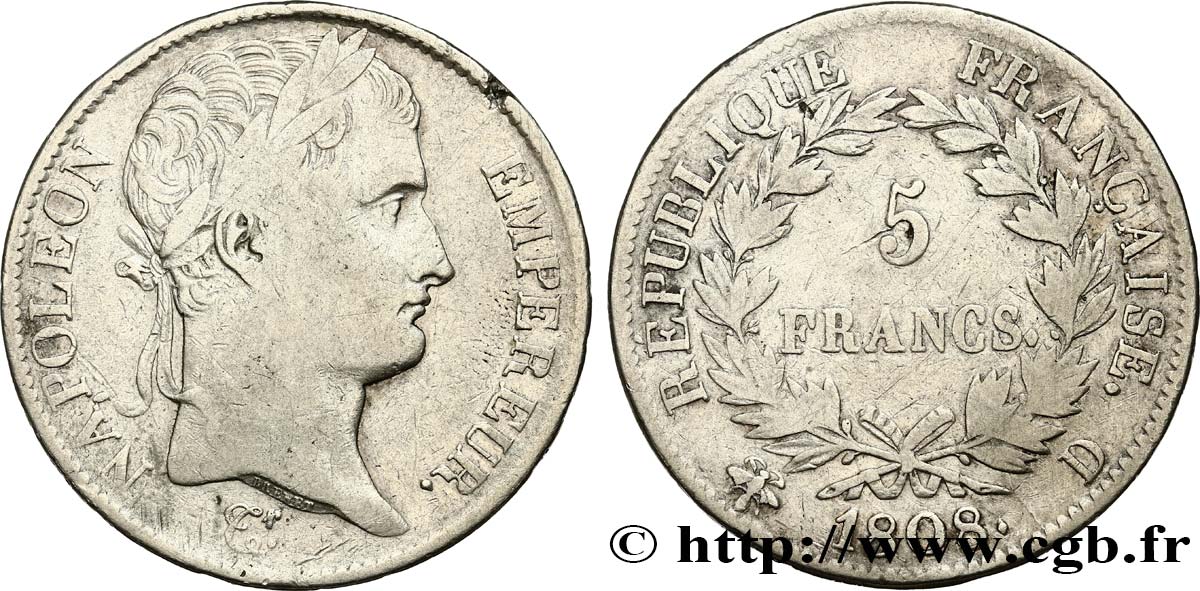 5 francs Napoléon Empereur, République française 1808 Lyon F.306/5 TB 