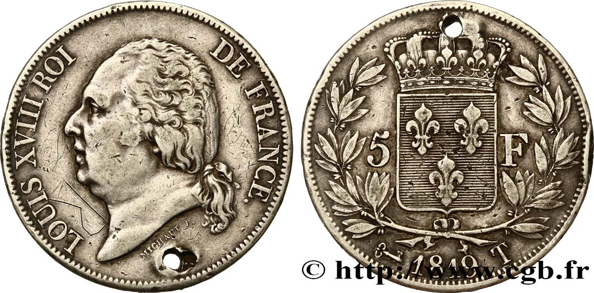 5 francs Louis XVIII, tête nue 1819 Nantes F.309/47 TB 