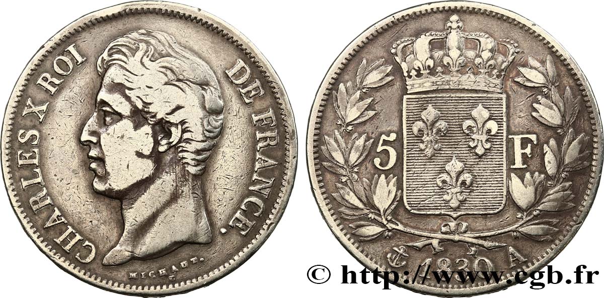 5 francs Charles X 2e type, tranche en relief 1830 Paris F.312/1 VF20 