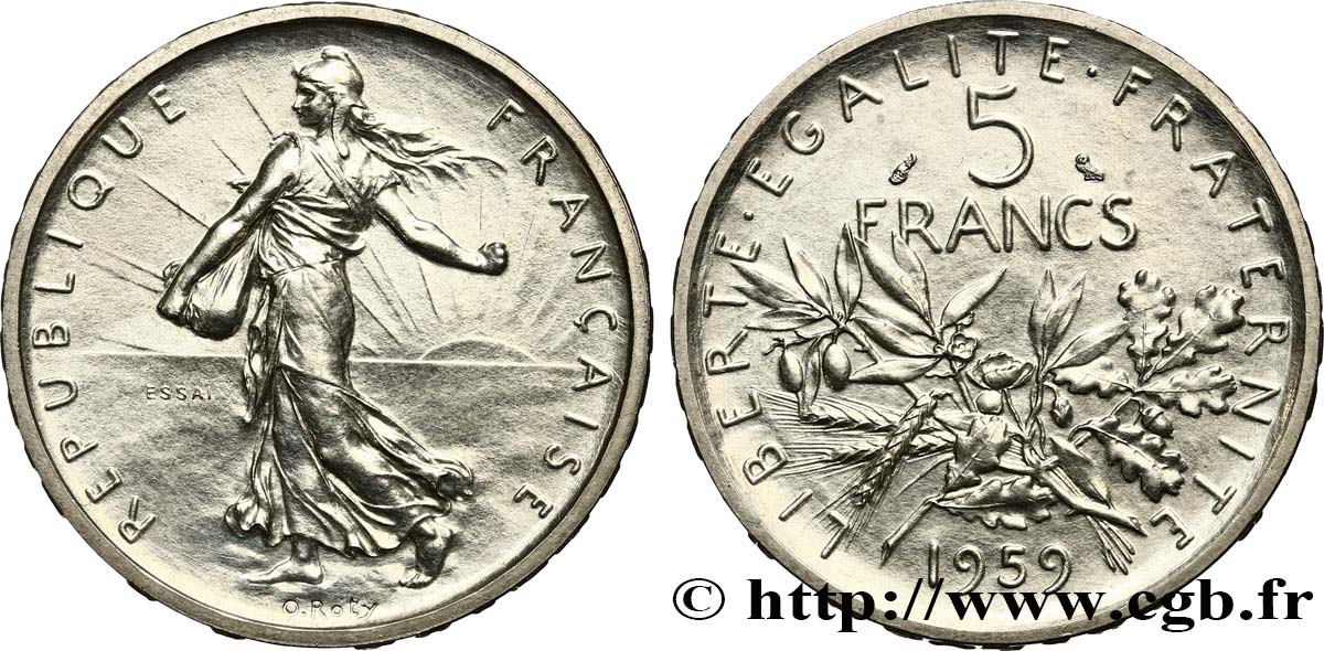 Essai de 5 francs Semeuse, argent, petit 5 1959 Paris F.340/2 MS62 