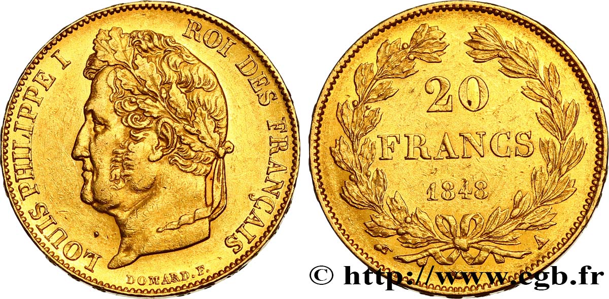 20 francs or Louis-Philippe, Domard 1848 Paris - 415 F.527/38 AU52 