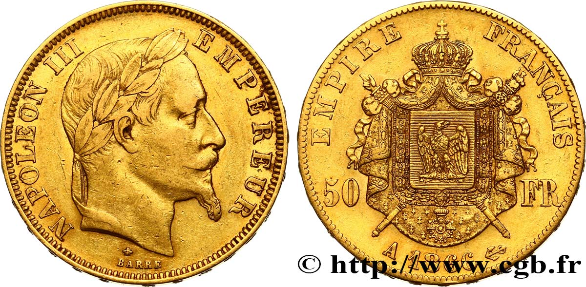 50 francs or Napoléon III, tête laurée 1866 Paris F.548/6 TTB40 