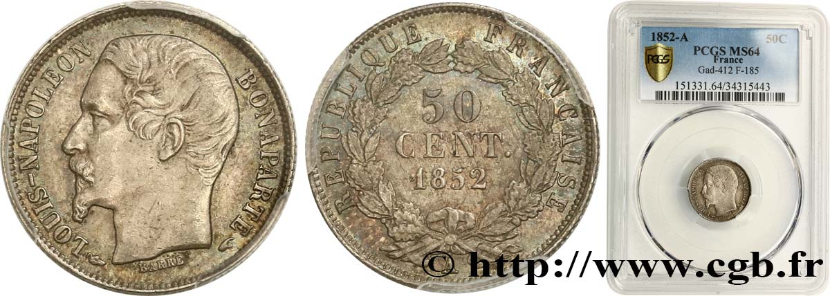50 centimes Louis-Napoléon 1852 Paris F.185/1 fST64 PCGS