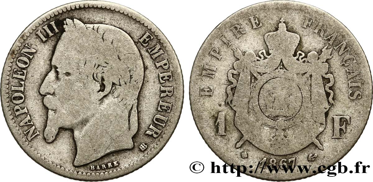 1 franc Napoléon III, tête laurée 1867 Strasbourg F.215/7 B