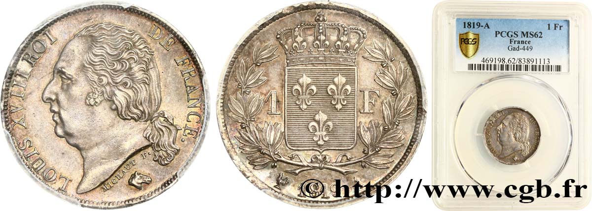 1 franc Louis XVIII 1819 Paris F.206/24 SPL62 PCGS