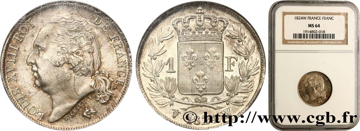 1 franc Louis XVIII 1824 Lille F.206/66 fST64 NGC