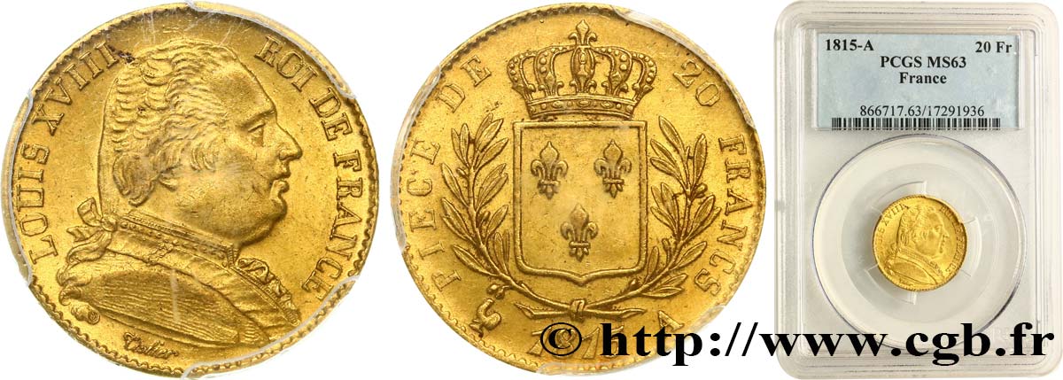 20 francs or Louis XVIII, buste habillé 1815 Paris F.517/10 SPL63 PCGS