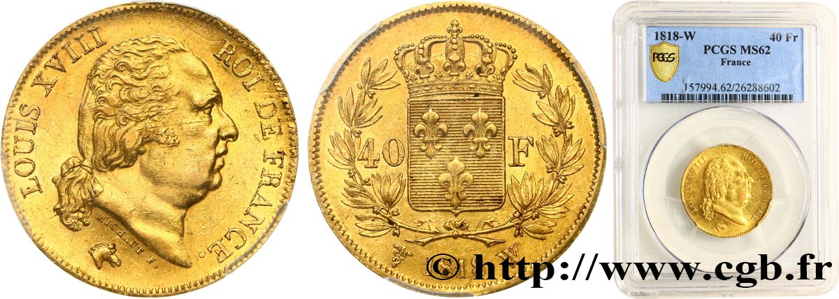 40 francs or Louis XVIII 1818 Lille F.542/8 MS62 PCGS