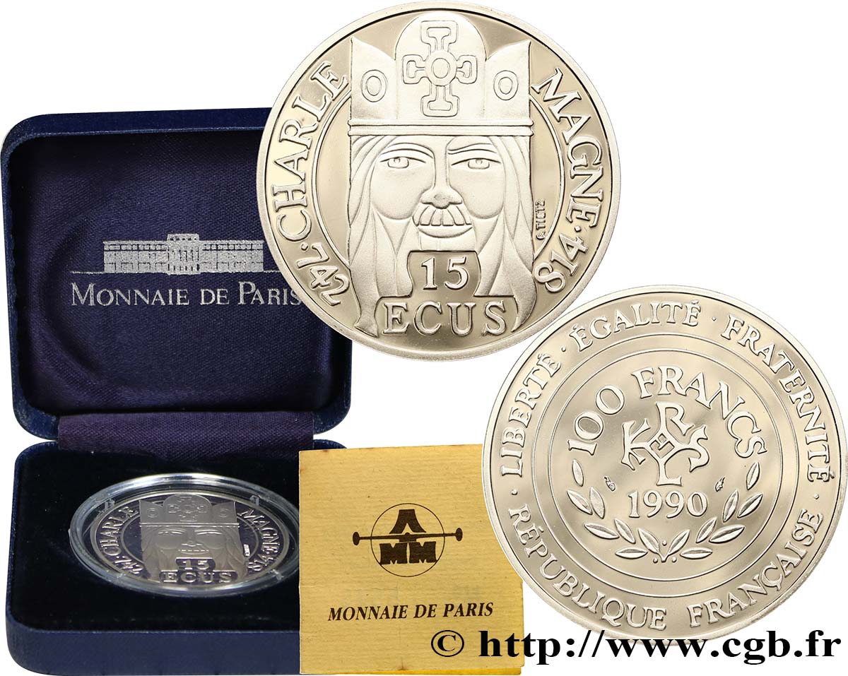 Belle Épreuve 15 écus / 100 francs Charlemagne 1990 Paris F5.2000 1 FDC