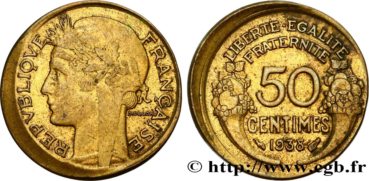 50 centimes Morlon, fautée frappe décentrée 1938  F.192/14 XF 