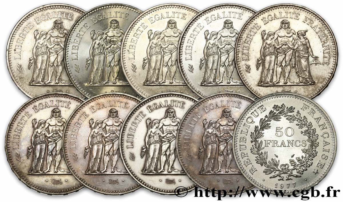 Lot de 10 pièces de 50 francs Hercule, ARGENT n.d.  F.427/- AU 