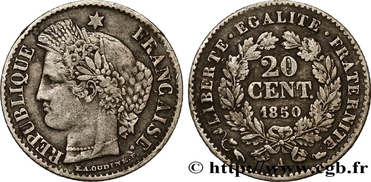20 centimes Cérès, IIe République 1850 Paris F.146/3 TB25