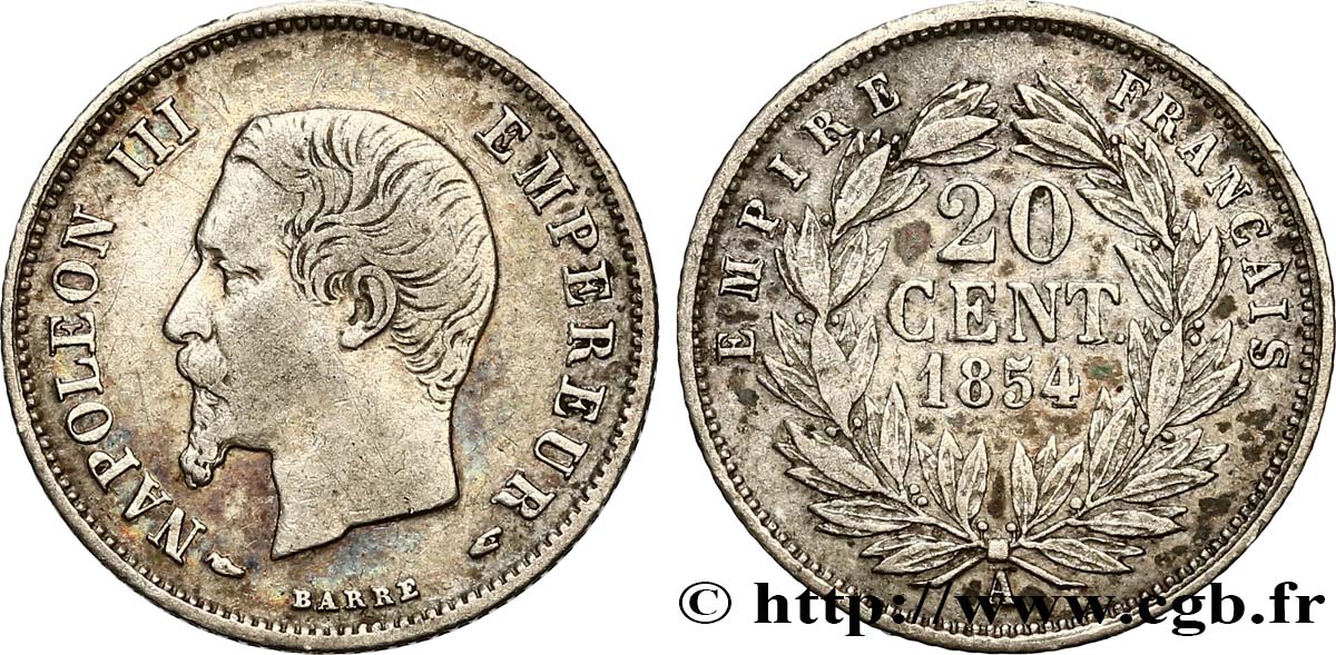 20 centimes Napoléon III, tête nue 1854 Paris F.148/2 VF35 