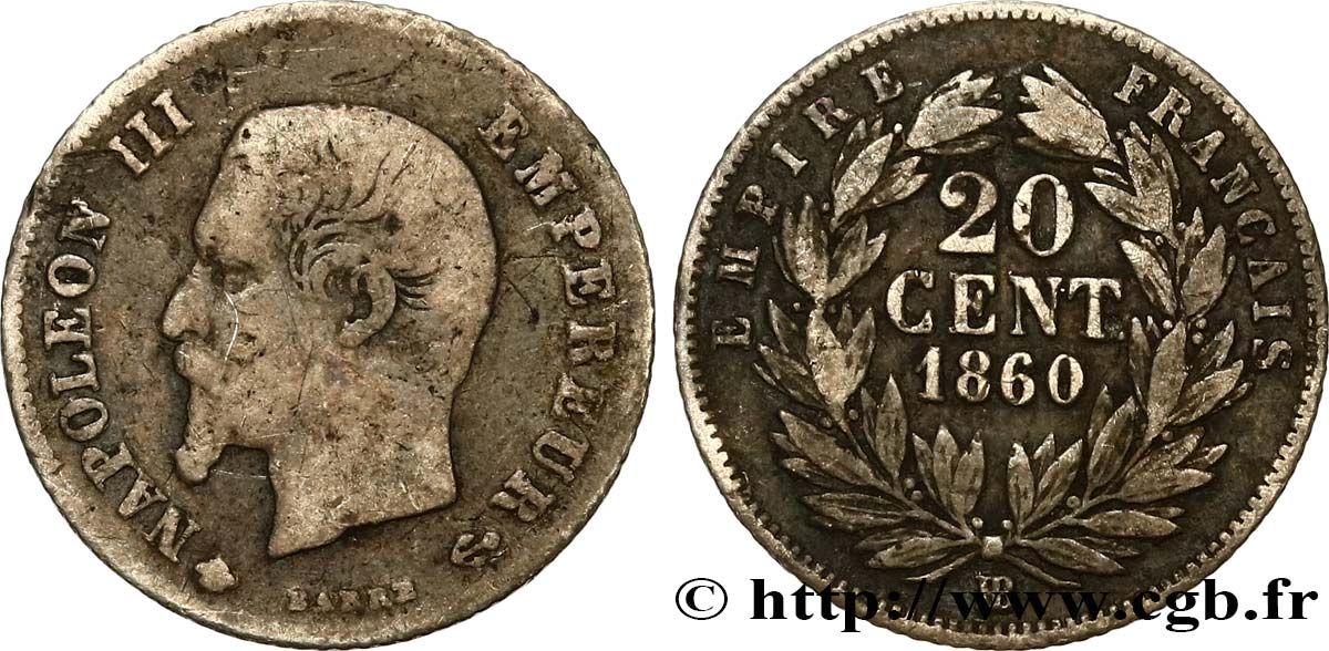 20 centimes Napoléon III, tête nue 1860 Strasbourg F.148/16 TB20