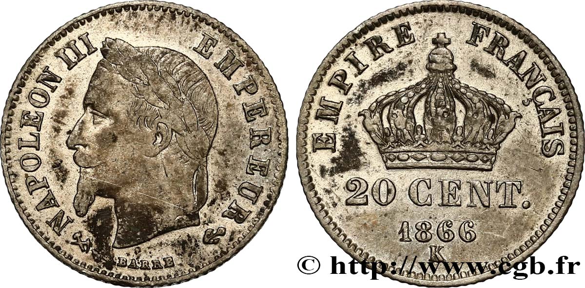20 centimes Napoléon III, tête laurée, petit module 1866 Bordeaux F.149/6 XF40 
