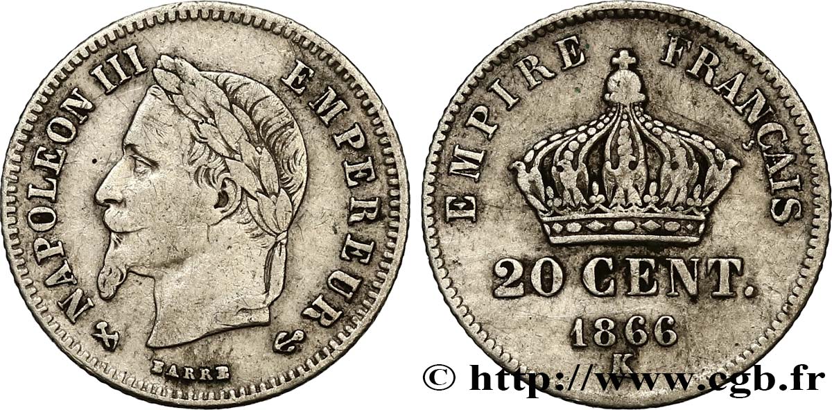 20 centimes Napoléon III, tête laurée, petit module 1866 Bordeaux F.149/6 TB35