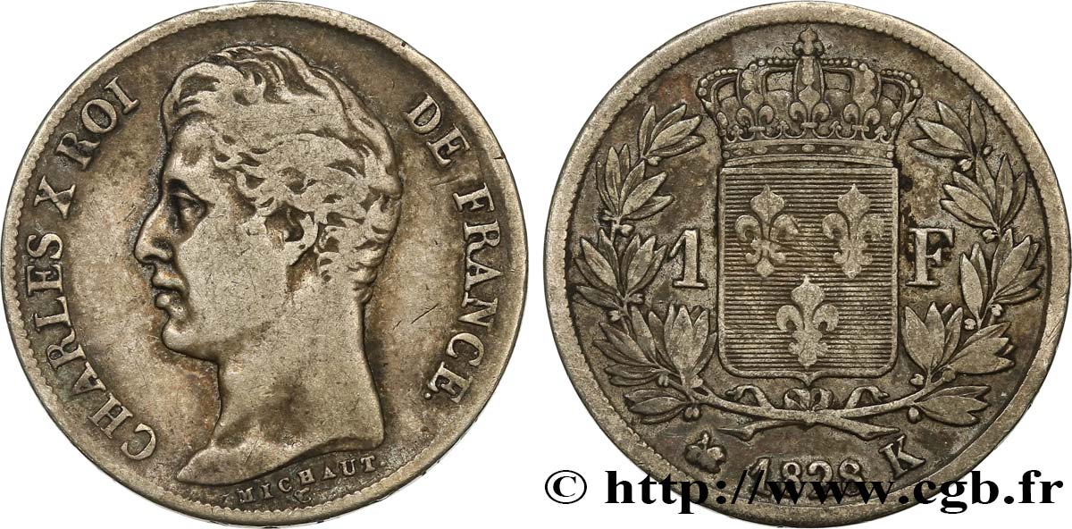 1 franc Charles X, matrice du revers à cinq feuilles 1828 Bordeaux F.207/43 TB25 