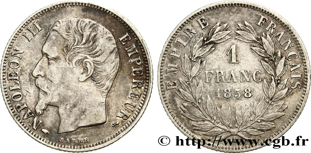 1 franc Napoléon III, tête nue 1858 Paris F.214/11 VF35 