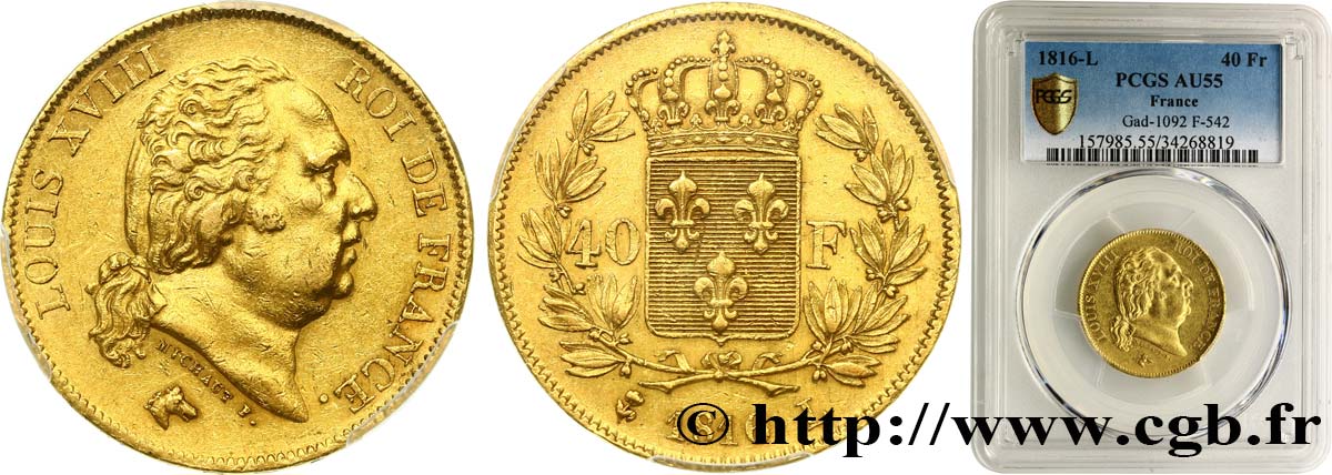 40 francs or Louis XVIII 1816 Bayonne F.542/3 AU55 PCGS