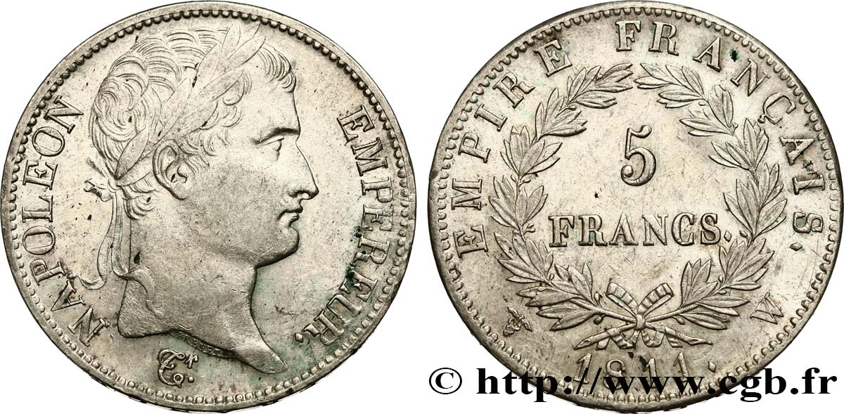 5 francs Napoléon Empereur, Empire français 1811 Lille F.307/40 AU50 