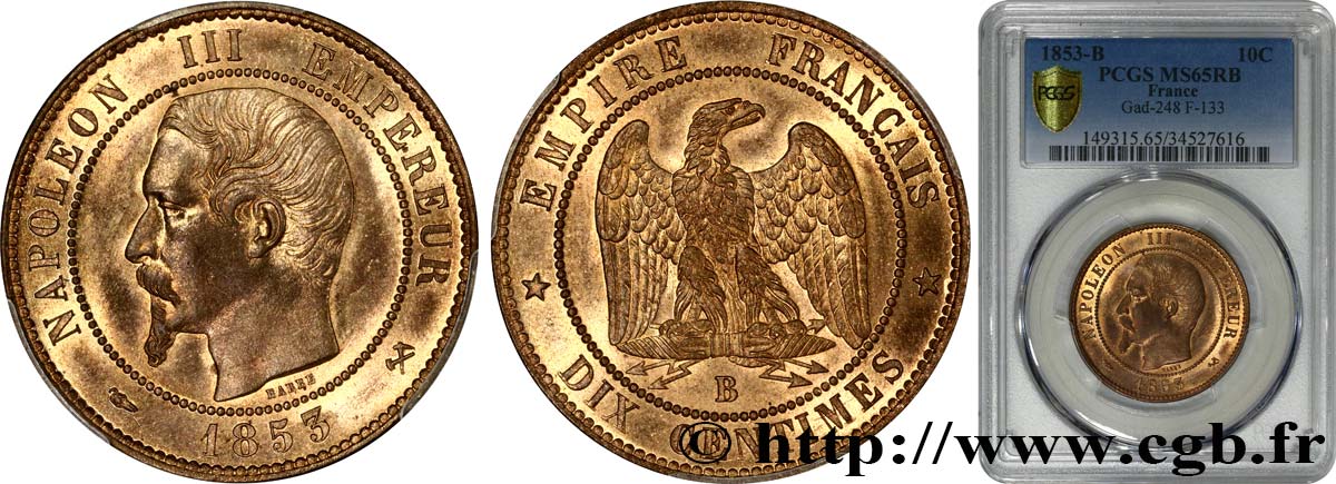 Dix centimes Napoléon III, tête nue 1853 Rouen F.133/3 MS65 PCGS