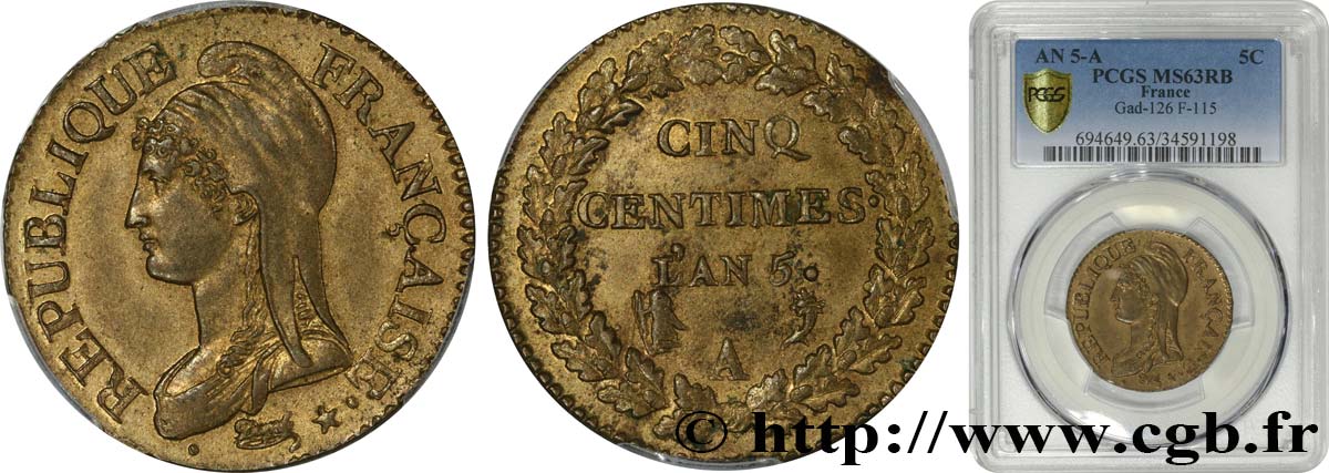 Cinq centimes Dupré, grand module 1797 Paris F.115/1 MS63 PCGS