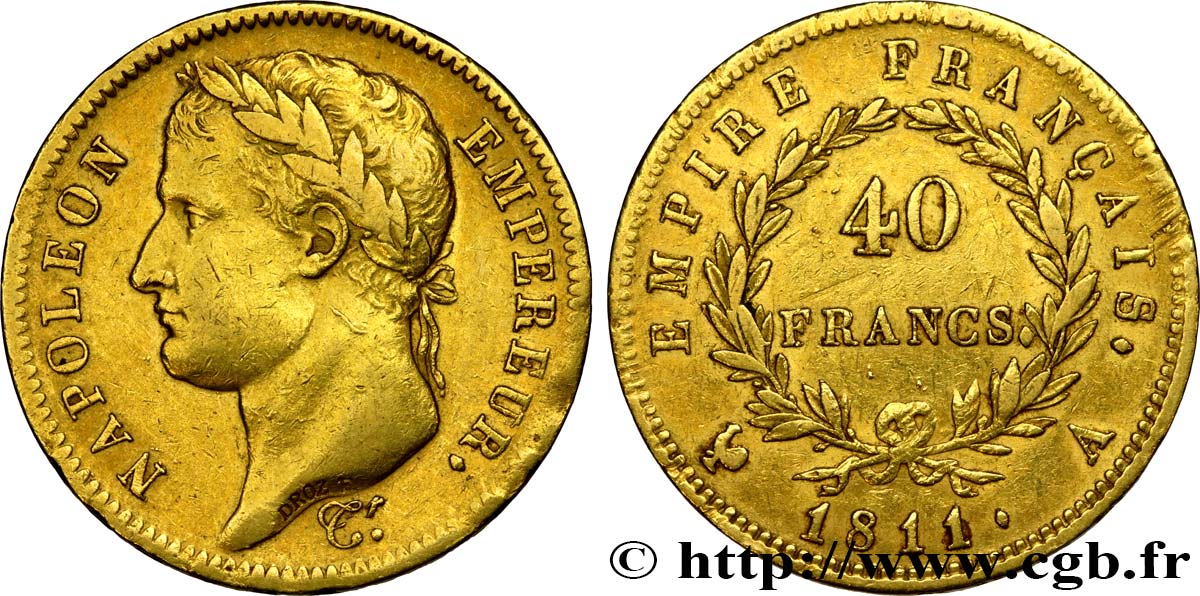 40 francs or Napoléon tête laurée, Empire français 1811 Paris F.541/6 XF42 