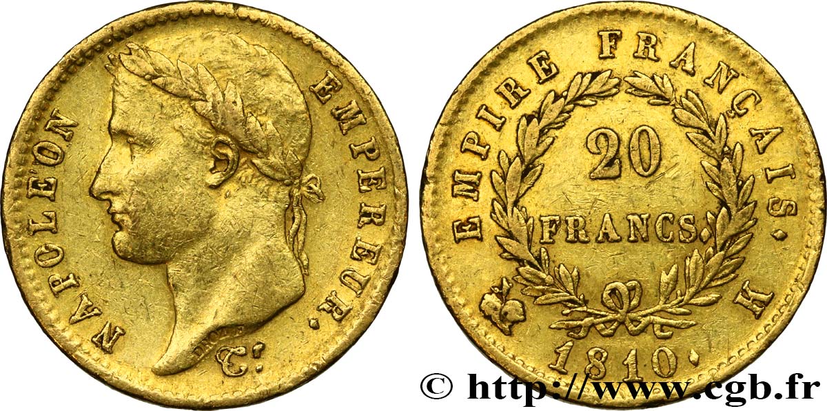 20 francs or Napoléon tête laurée, Empire français 1810 Bordeaux F.516/11 XF45 
