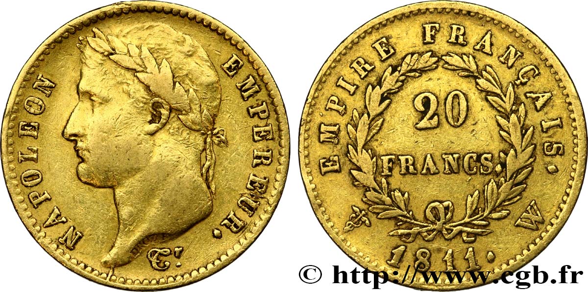 20 francs or Napoléon, tête laurée, Empire français 1811 Lille F.516/21 XF42 