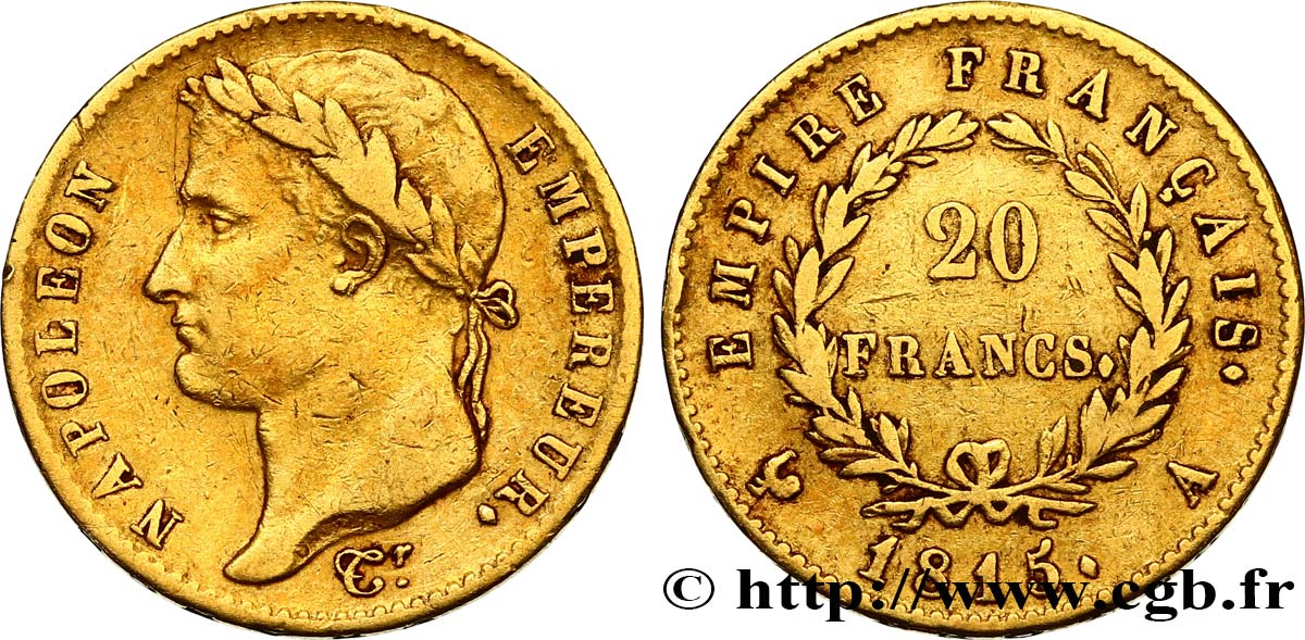 20 francs or Napoléon tête laurée, Cent-Jours 1815 Paris F.516A/1 VF38 