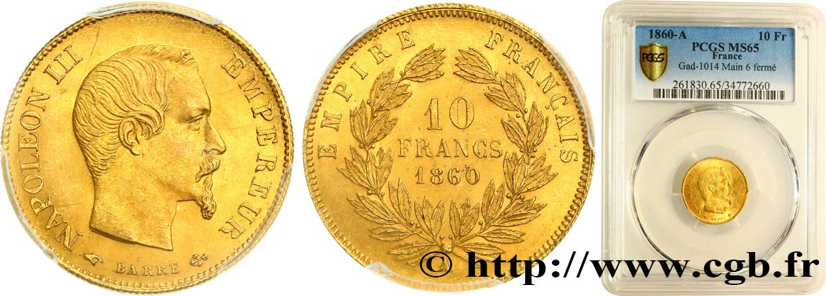 10 francs or Napoléon III, tête nue 1860 Paris F.506/9 MS65 PCGS