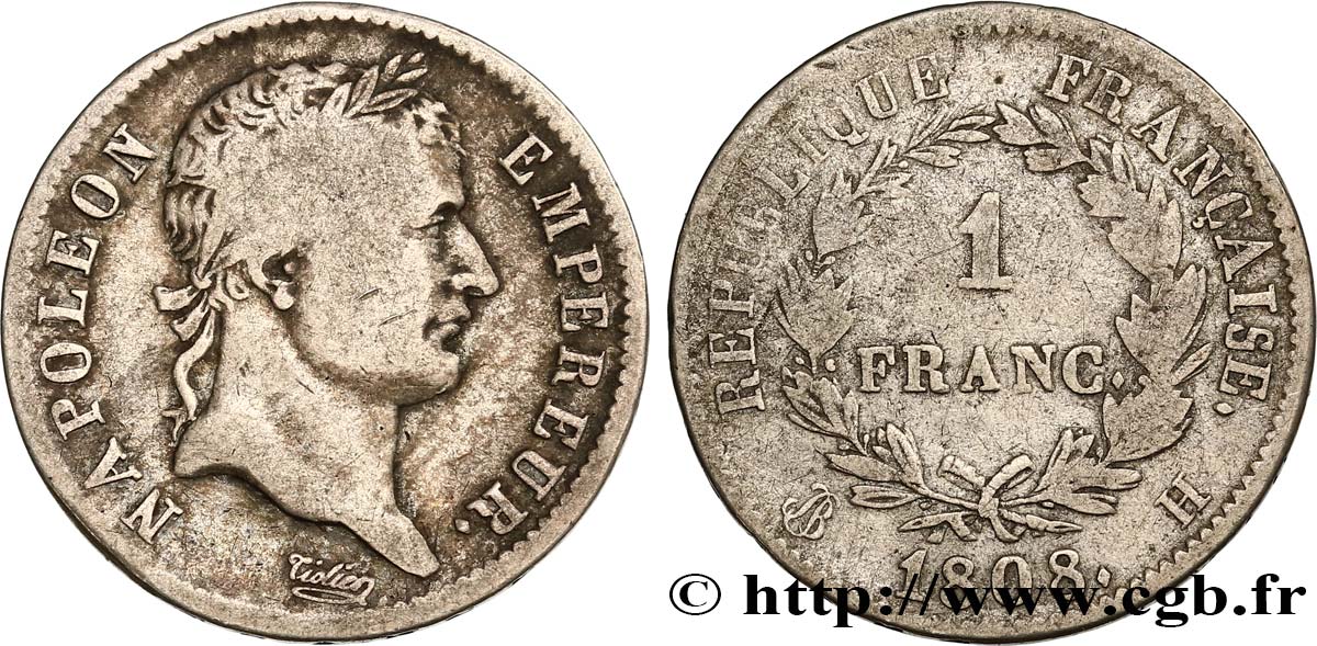 1 franc Napoléon Ier tête laurée, République française 1808 La Rochelle F.204/6 TB20 