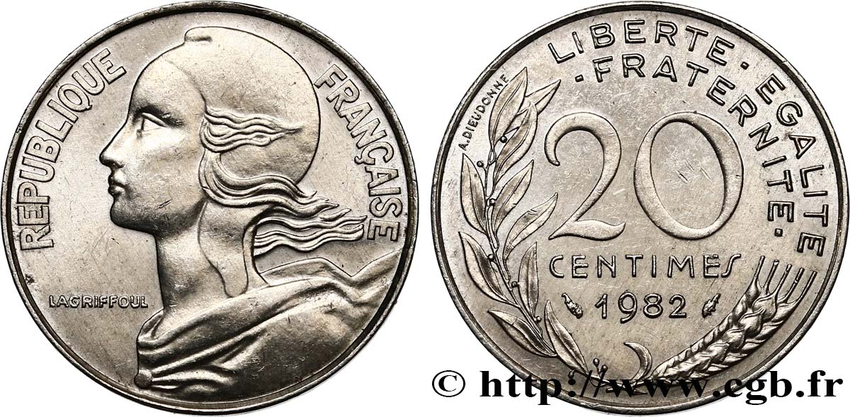 20 centimes Marianne, erreur de flan 1982 Pessac F.156/22 var. MS60 