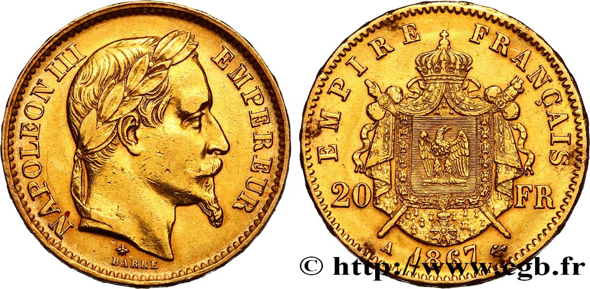 20 francs or Napoléon III, tête laurée 1867 Paris F.532/15 XF 