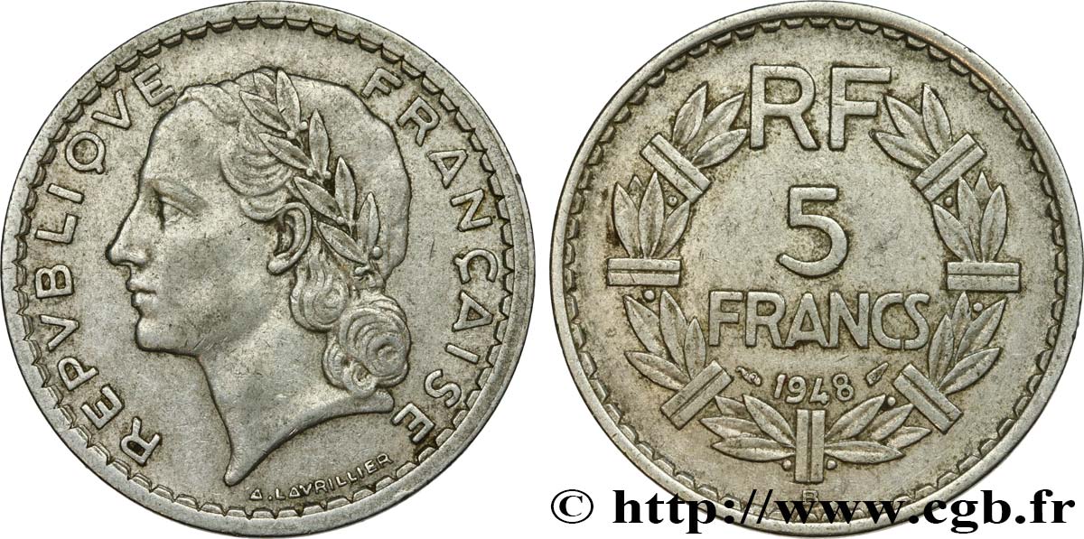 5 francs Lavrillier, aluminium, 9 fermé 1948 Beaumont-le-Roger F.339/16 TTB42 