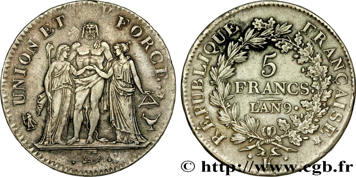 5 francs Union et Force, Union desserré, avec glands intérieurs et gland extérieur 1801 Bordeaux F.291/41 VZ60 