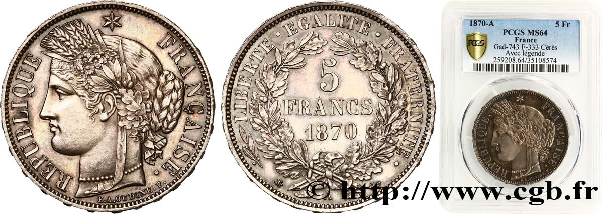 5 francs Cérès, avec légende 1870 Paris F.333/1 MS64 PCGS