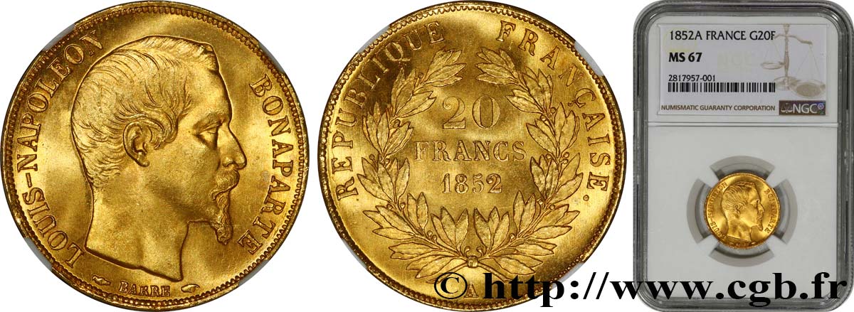 20 francs or Louis-Napoléon 1852 Paris F.530/1 MS67 NGC