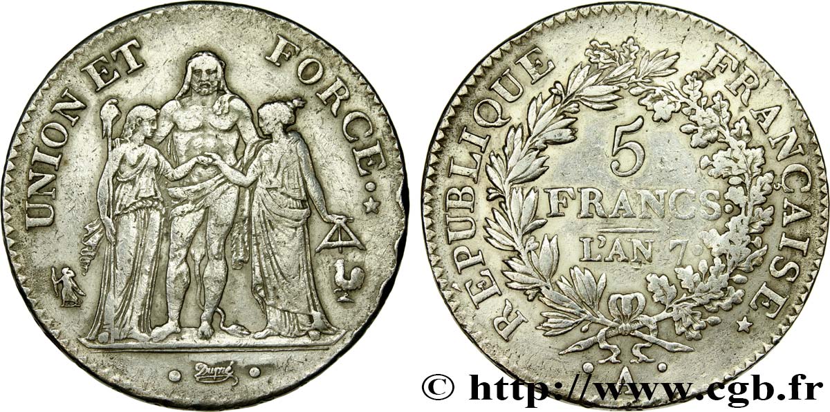 5 francs Union et Force, Union serré, avec glands intérieurs et gland extérieur 1799 Paris F.288/95 VF 