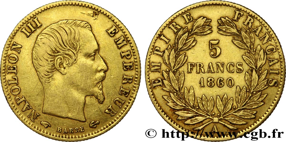 5 francs or Napoléon III, tête nue, grand module 1860 Paris F.501/10 XF45 