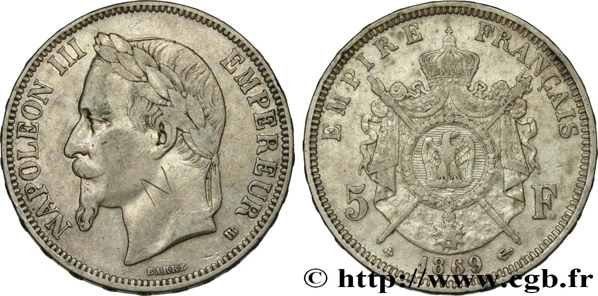 5 francs Napoléon III, tête laurée 1869 Strasbourg F.331/15 TB+