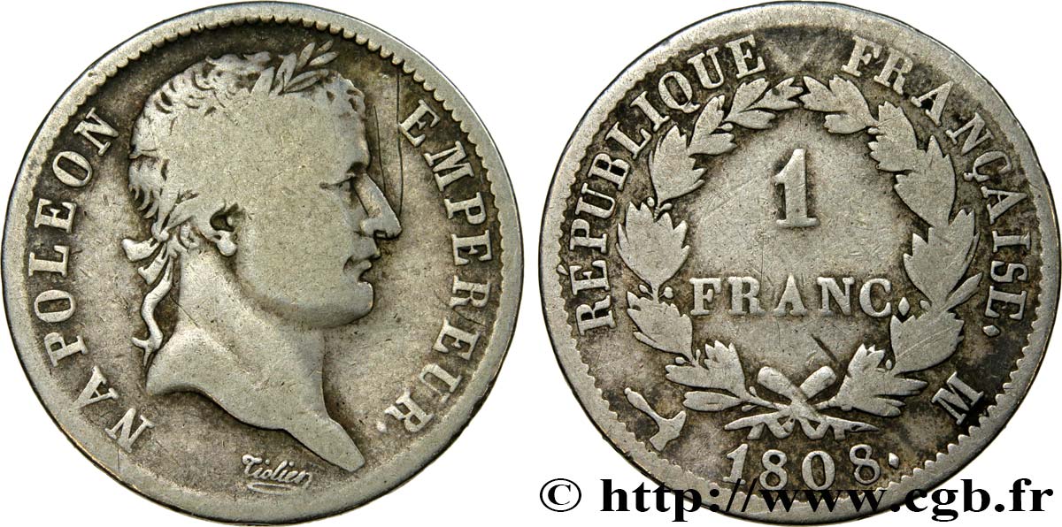 1 franc Napoléon Ier tête laurée, République française 1808 Toulouse F.204/10 TB20 