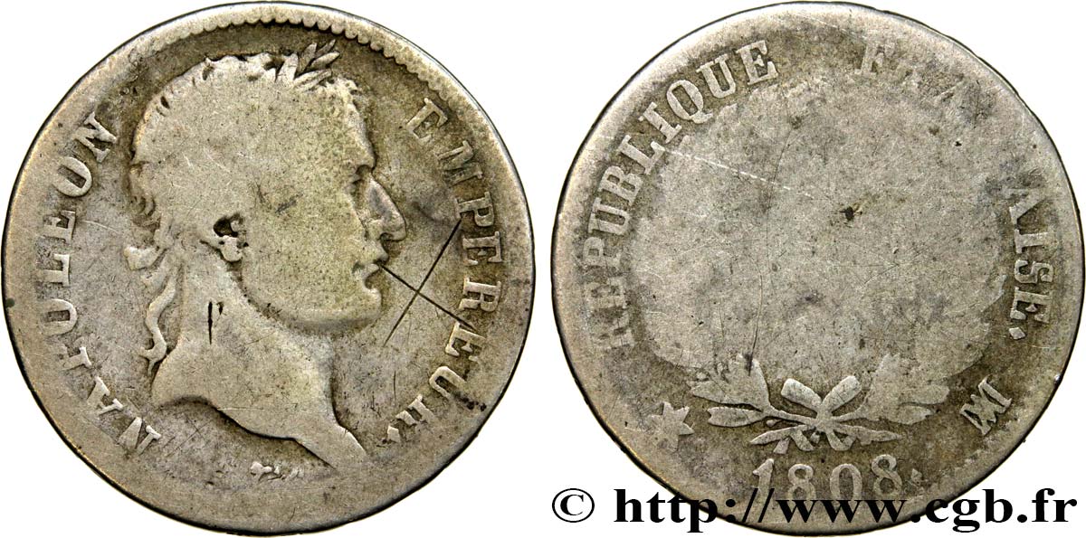 1 franc Napoléon Ier tête laurée, République française 1808 Marseille F.204/11 G4 