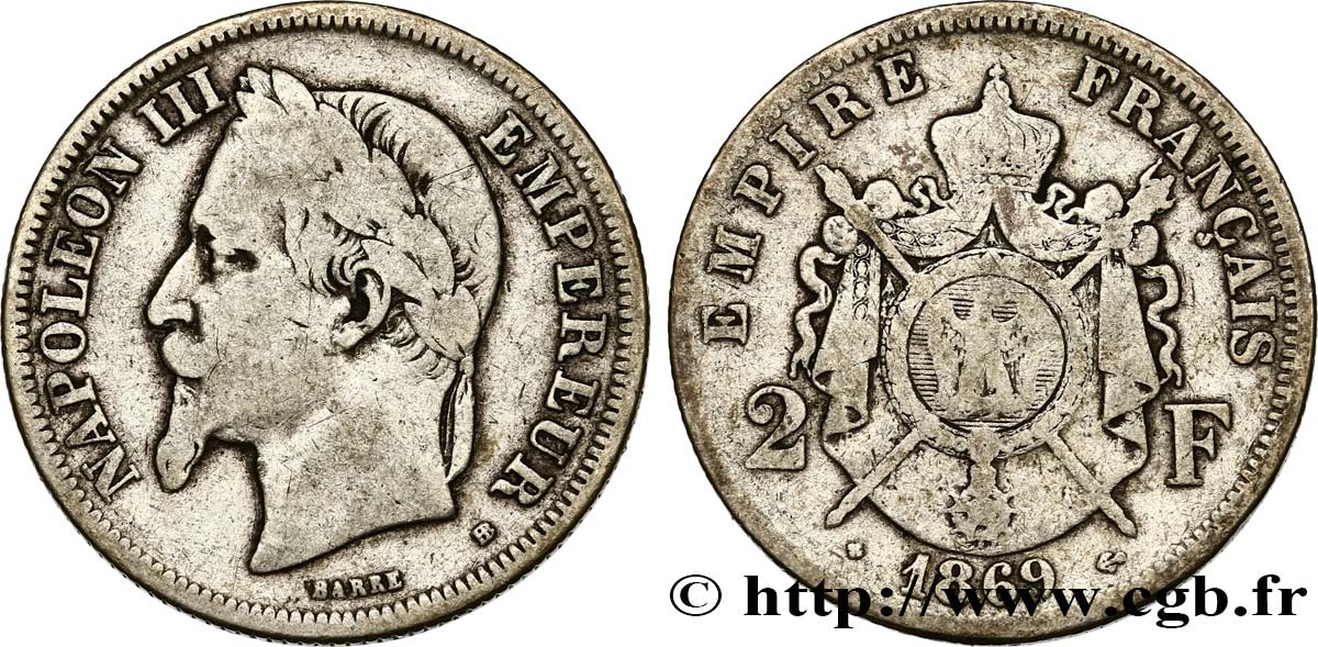 2 francs Napoléon III, tête laurée 1869 Strasbourg F.263/11 B+