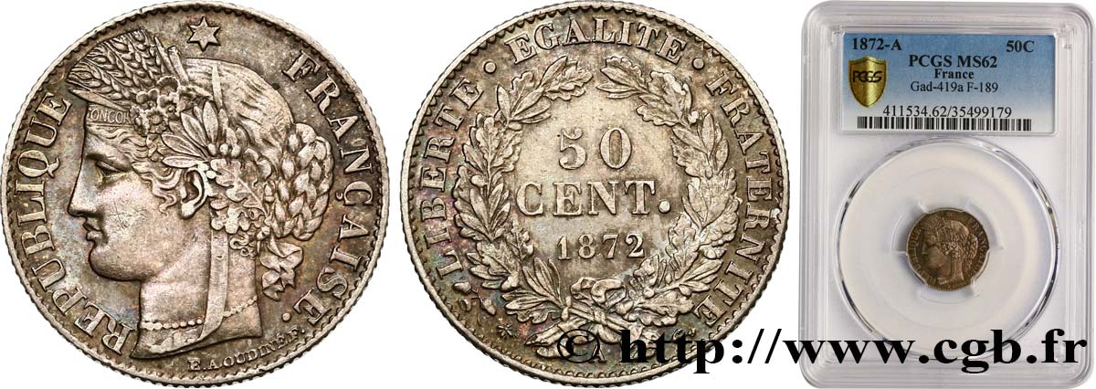 50 centimes Cérès, IIIe République 1872 Paris F.189/3 MS62 PCGS