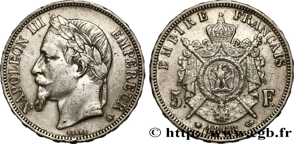 5 francs Napoléon III, tête laurée 1868 Paris F.331/12 XF