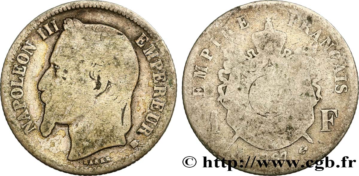 1 franc Napoléon III, tête laurée 1867 Strasbourg F.215/7 B6