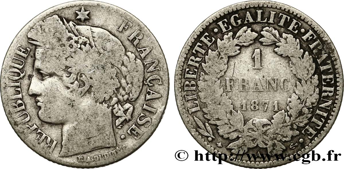 1 franc Cérès, Troisième République, petit A 1871 Paris F.216/2 TB15