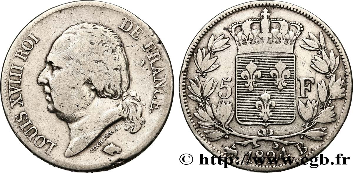 5 francs Louis XVIII, tête nue 1824 Rouen F.309/89 TB20