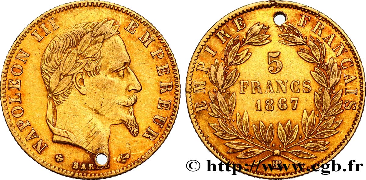 5 francs or Napoléon III, tête laurée 1867 Strasbourg F.502/12 VF 
